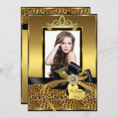Gold Leopard Print Bow Foto Quinceanera Einladung (Vorne/Hinten)