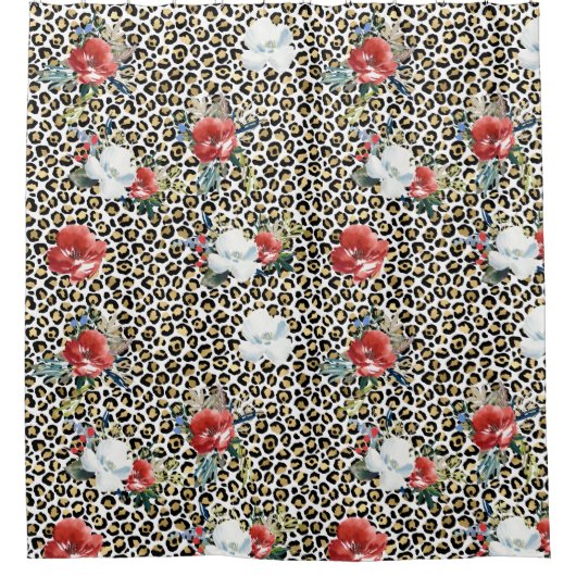 Gold Leopard Print Floral Duschvorhang (Vorderseite)