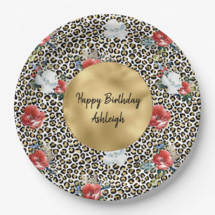 Gold Leopard Print Floral personalisiert Pappteller