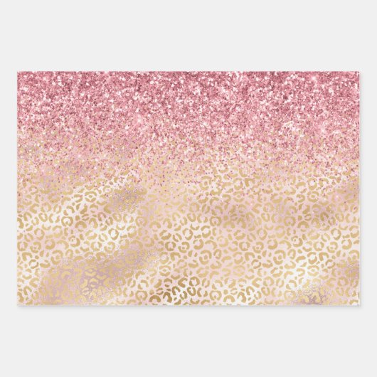 Gold Leopard Print Pink Glitzer Glitz Geschenkpapier Set (Vorderseite)