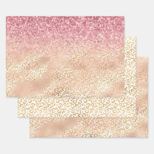 Gold Leopard Print Pink Glitzer Glitz Geschenkpapier Set