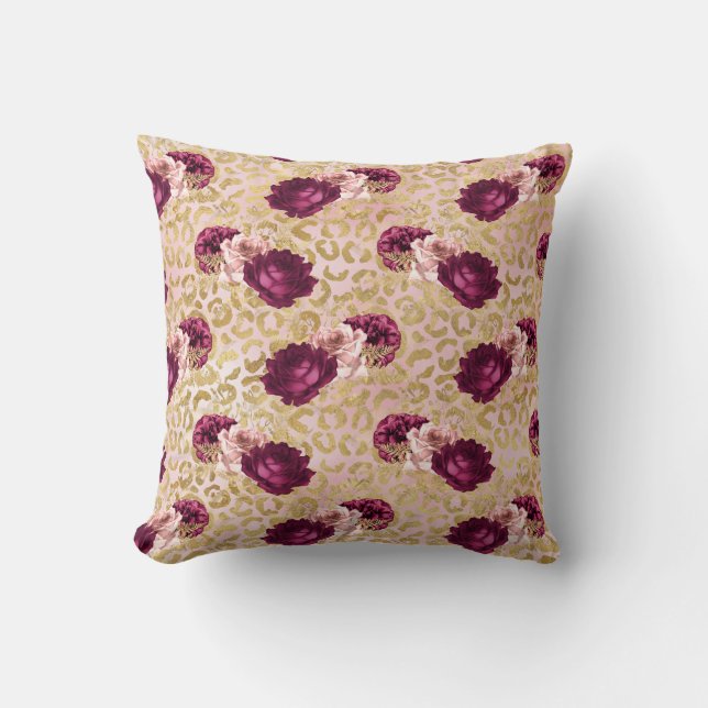 Gold Leopard Print Pink Roses Floral Kissen (Vorderseite)