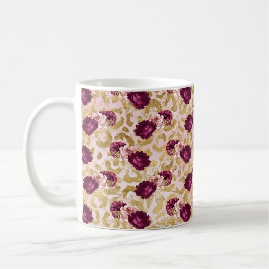 Gold Leopard Print Pink Roses Florals Kaffeetasse (Links)