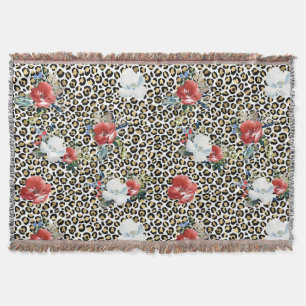 Gold Leopard Print Red White Floral Decke