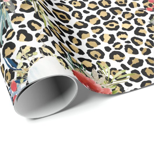 Gold Leopard Print Red White Floral Geschenkpapier (Rolleneckpunkt)
