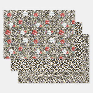 Gold Leopard Print Red White Floral Geschenkpapier Set