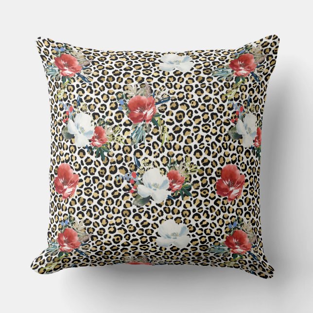 Gold Leopard Print Red White Floral Kissen (Vorderseite)