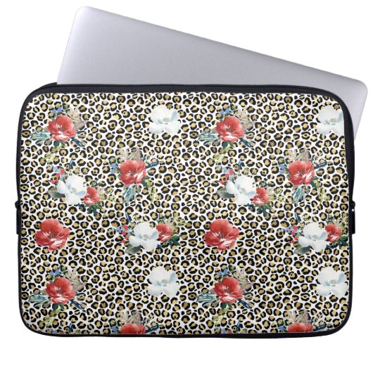 Gold Leopard Print Red White Floral Laptopschutzhülle (Vorderseite)