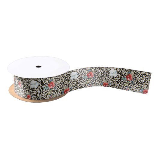 Gold Leopard Print Red White Floral Satinband (Spule)