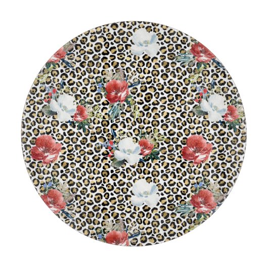 Gold Leopard Print Red White Floral Schneidebrett (Vorderseite)
