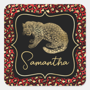 Gold Leopard und Rot Leopard Print Quadratischer Aufkleber