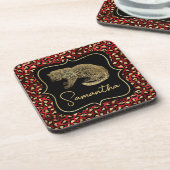 Gold-Leopard und Roter Leopardendruck Getränkeuntersetzer (Linke Seite)