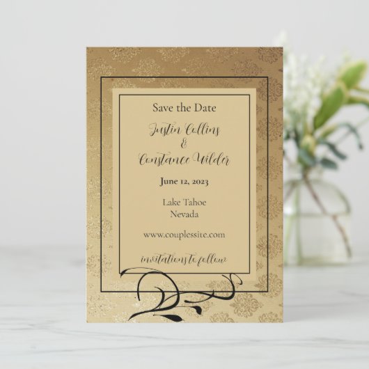 Gold Les Amoureux Hochzeit speichern das Datum Save The Date (Stehend Vorderseite)