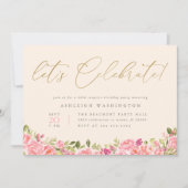 Gold Let's Celebrate Floral Überraschung Geburtsta Einladung (Vorderseite)