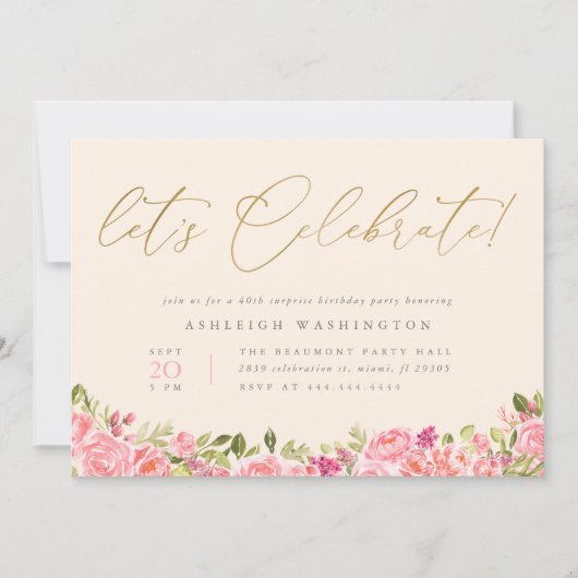 Gold Let's Celebrate Floral Überraschung Geburtsta Einladung (Vorderseite)