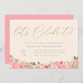 Gold Let's Celebrate Floral Überraschung Geburtsta Einladung (Vorne/Hinten)