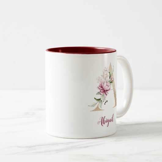 Gold Letter A, Monogram A, rosa Blumengeschenk ihr Zweifarbige Tasse (VorderseiteRechts)