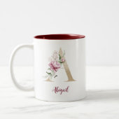 Gold Letter A, Monogram A, rosa Blumengeschenk ihr Zweifarbige Tasse (Links)