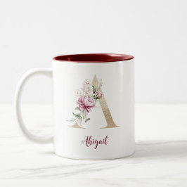 Gold Letter A, Monogram A, rosa Blumengeschenk ihr Zweifarbige Tasse