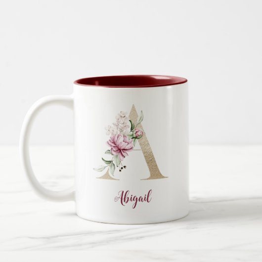 Gold Letter A, Monogram A, rosa Blumengeschenk ihr Zweifarbige Tasse (Links)