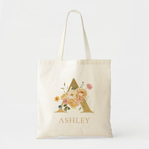 Gold Letter A Monogramm Blumen-Wasserfarbe-Tasche Tragetasche