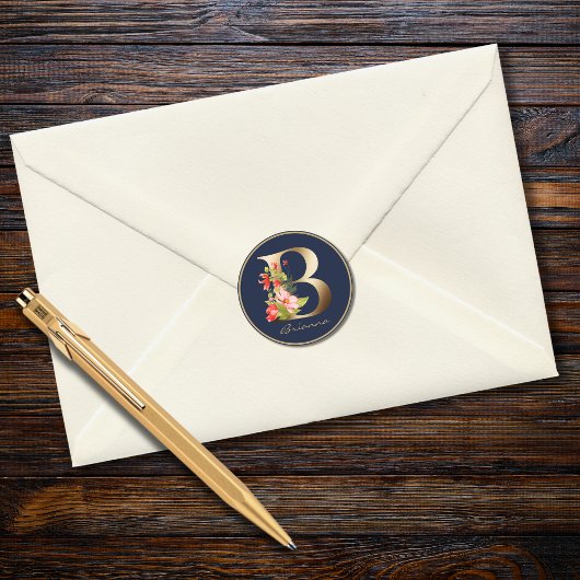 Gold Letter B Elegant Navy Floral Monogram Runder Aufkleber