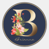 Gold Letter B Elegant Navy Floral Monogram Runder Aufkleber (Vorderseite)