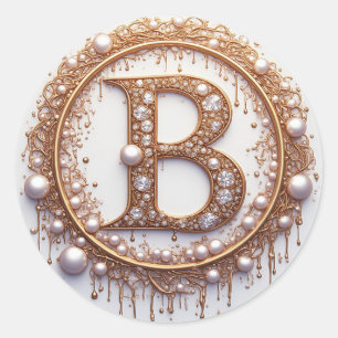 Gold Letter B Monogramm Perlen Schmuck Hochzeit Runder Aufkleber