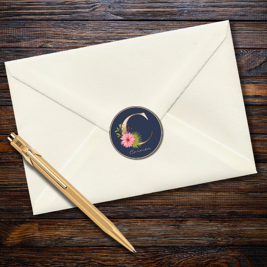 Gold Letter C Eleganic Navy Floral Monogram Runder Aufkleber