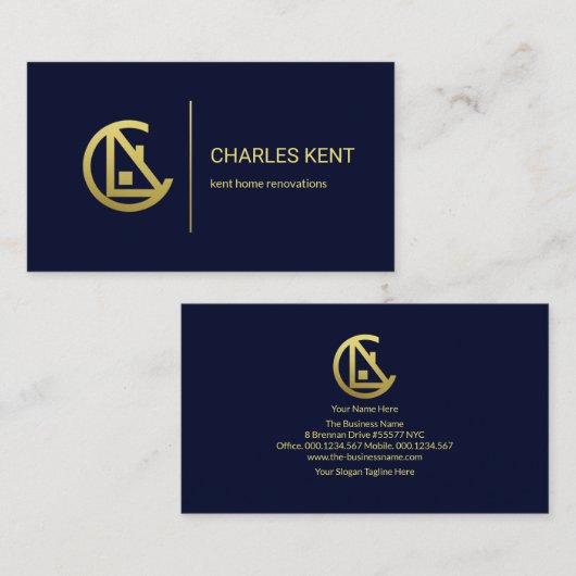 Gold Letter-C Zuhause Minimalistisch Blue Construc Visitenkarte (Vorne/Hinten)