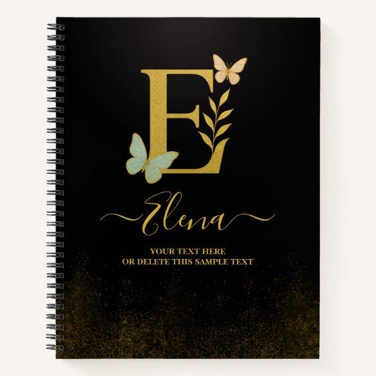 Gold Letter E Butterfly Notebook-Abdeckung Notizblock (Vorderseite)