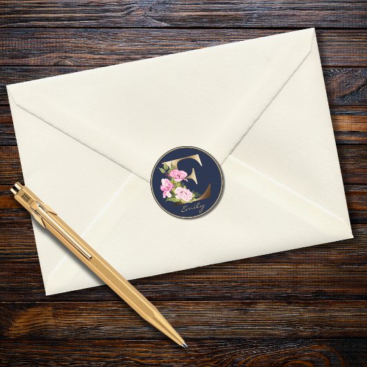 Gold Letter E Eleganic Navy Floral Monogram Runder Aufkleber