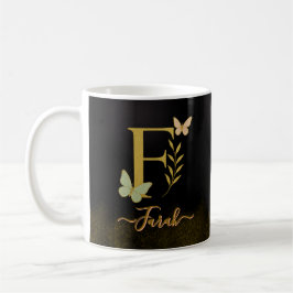 Gold Letter F Butterfly Tasse Design