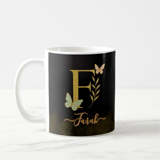 Gold Letter F Butterfly Tasse Design (Links)