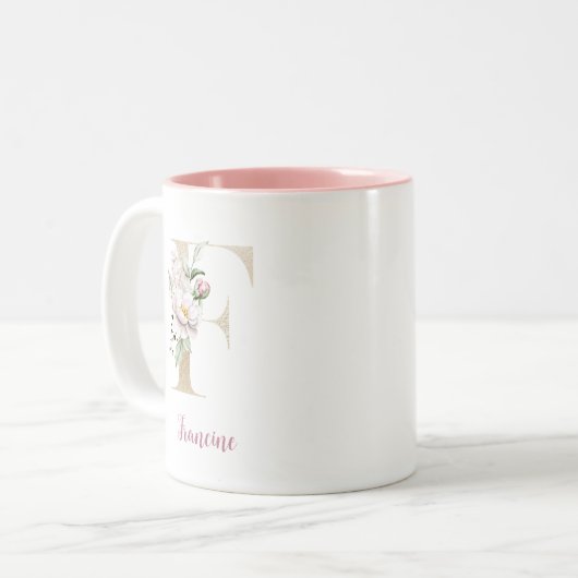 Gold Letter F, Monogram F, Rosa Blumengeschenk ihr Zweifarbige Tasse (Vorderseite Links)