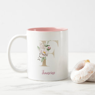 Gold Letter F, Monogram F, Rosa Blumengeschenk ihr Zweifarbige Tasse