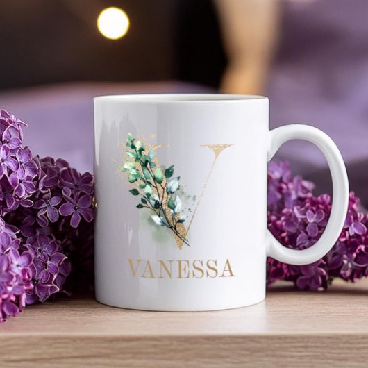 Gold Letter Floral Monogram V Kaffeetasse