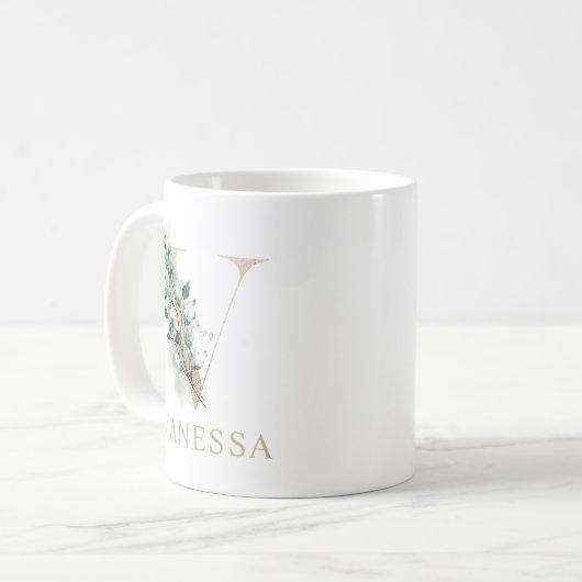 Gold Letter Floral Monogram V Kaffeetasse (Vorderseite Links)