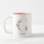 Gold Letter G, Monogramm G, rosa Blumengeschenk ih Zweifarbige Tasse (Links)