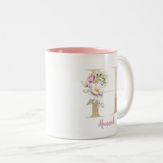 Gold Letter H, Monogram H, rosa Blumengeschenk ihr Zweifarbige Tasse (VorderseiteRechts)
