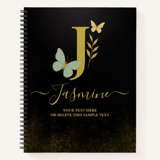 Gold Letter J Butterfly Notebook-Abdeckung Notizblock (Vorderseite)