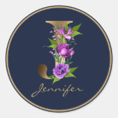 Gold Letter J Eleganavy Floral Monogram Runder Aufkleber (Vorderseite)