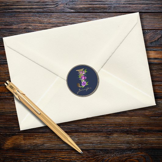 Gold Letter J Eleganavy Floral Monogram Runder Aufkleber