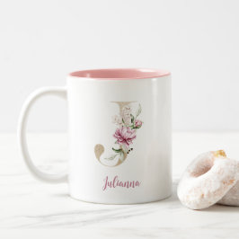Gold Letter J, Monogram J, Pink Floral Geschenk ih Zweifarbige Tasse