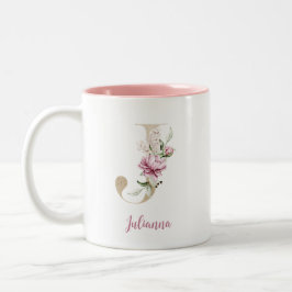 Gold Letter J, Monogram J, Pink Floral Geschenk ih Zweifarbige Tasse