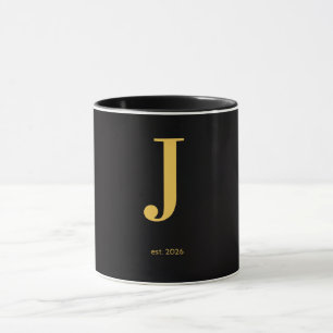 Gold Letter J Schwarze Tasse   Minimalistische Mon