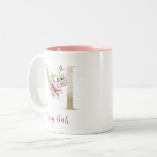 Gold Letter M, Monogram M, Rosa Blumengeschenk ihr Zweifarbige Tasse (Vorderseite Links)