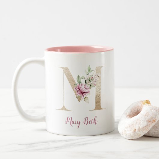 Gold Letter M, Monogram M, Rosa Blumengeschenk ihr Zweifarbige Tasse (Mit Donut)