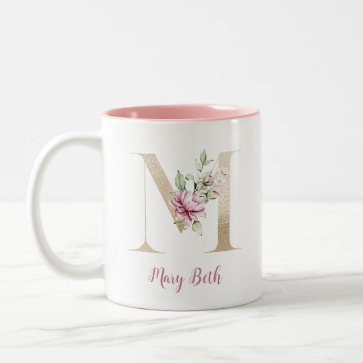 Gold Letter M, Monogram M, Rosa Blumengeschenk ihr Zweifarbige Tasse (Links)