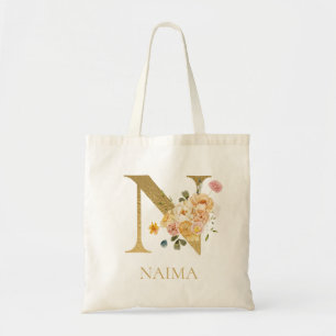 Gold Letter N Monogramm Blumen Wasserfarbe Trageta Tragetasche